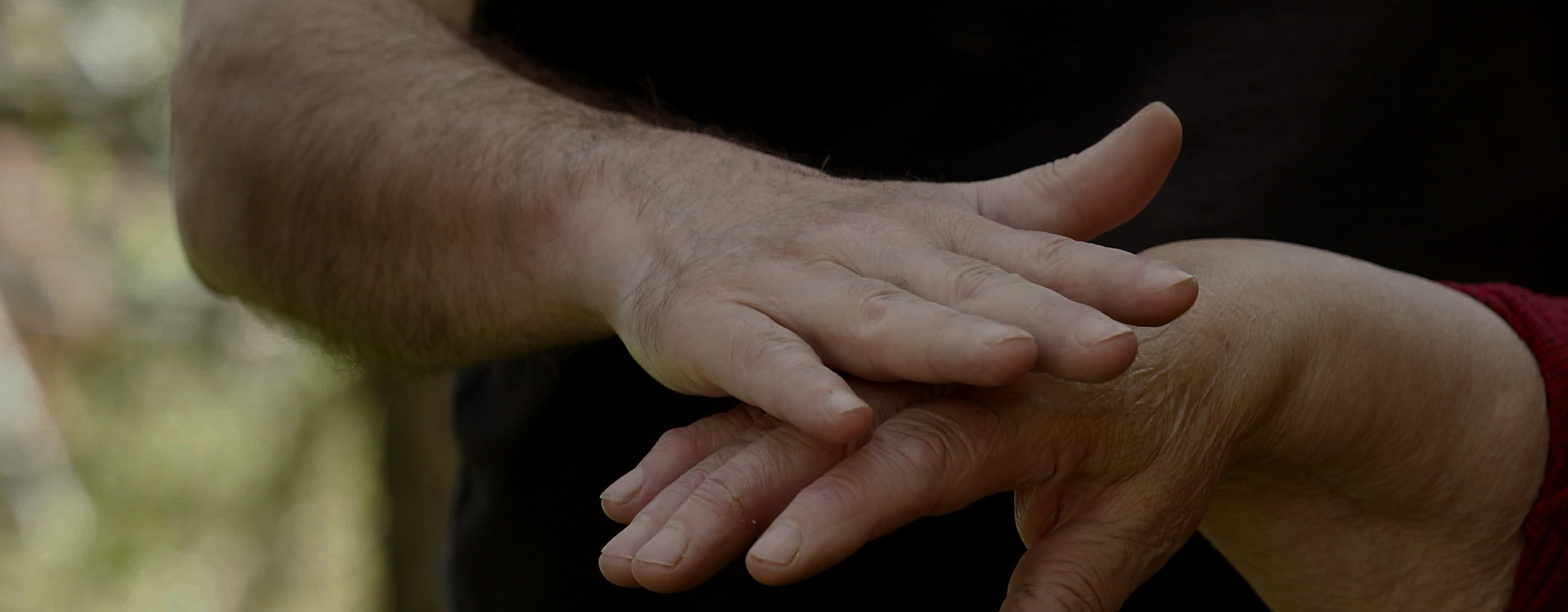Close-up of two hands touching, one with fair skin and the other with darker skin, set against a dark shirt and a blurred outdoor background.