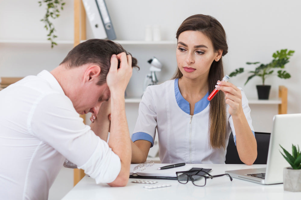 A female doctor looking at a sad patient in an office setting.