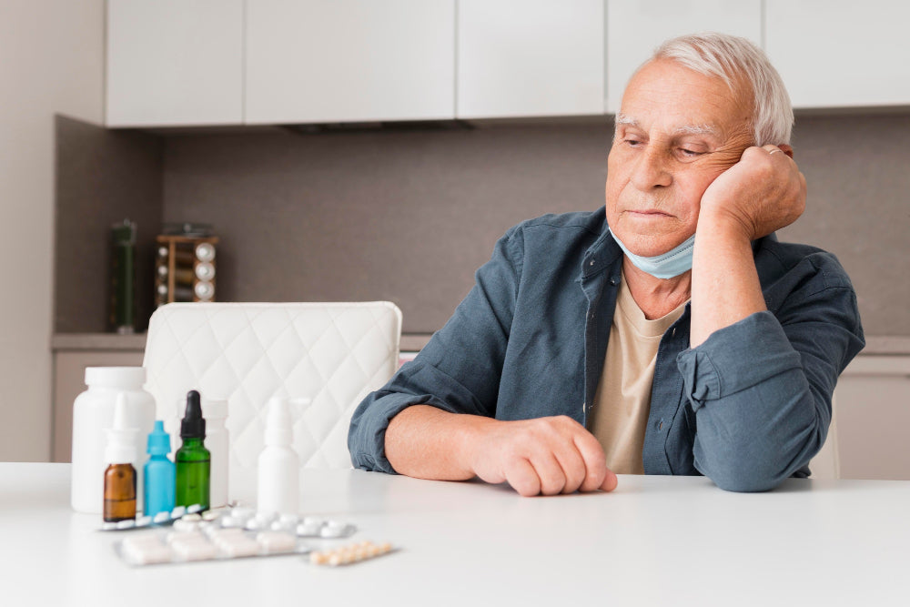 Older adult sitting at a table with medications, appearing fatigued, illustrating treatment burden and daily challenges of Essential Tremor.