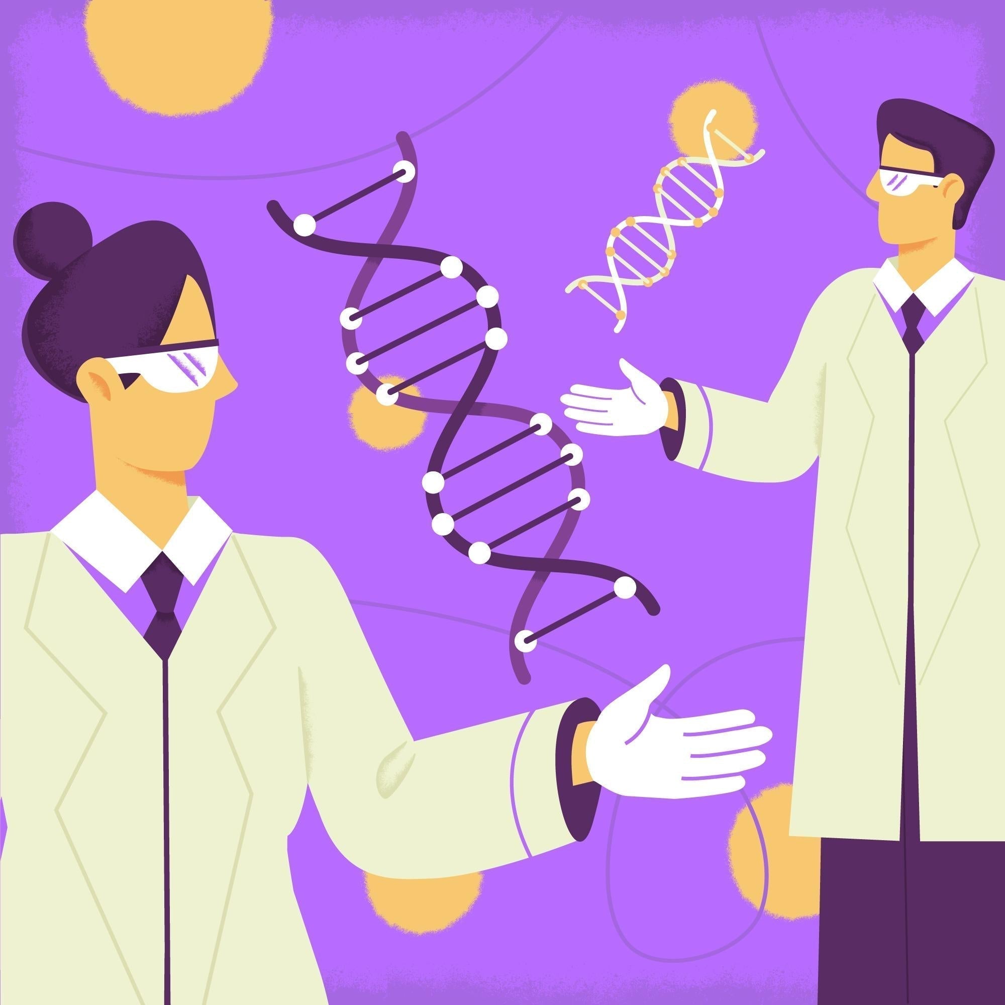 An animated image of two scientists holding DNA molecules, symbolizing genetic research.