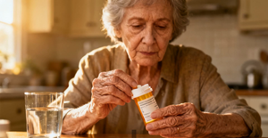 An elderly woman at her kitchen table examining a prescription pill bottle, considering what to do when a tremor medication stops working.
