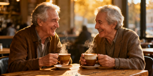 Two older friends sitting together at a cafe table, smiling and talking over cups of coffee in warm light.