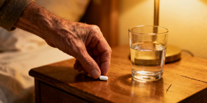 An older adult's hand placing a single tablet on a wooden nightstand beside a glass of water under warm bedside lamp light.