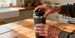 An older man's hands securing the lid on an insulated travel mug on a sunlit kitchen table.