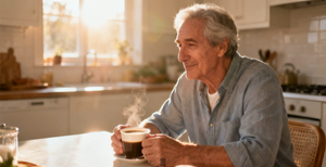 An older man sitting at a sunlit kitchen table, calmly holding a cup of coffee steady in both hands.