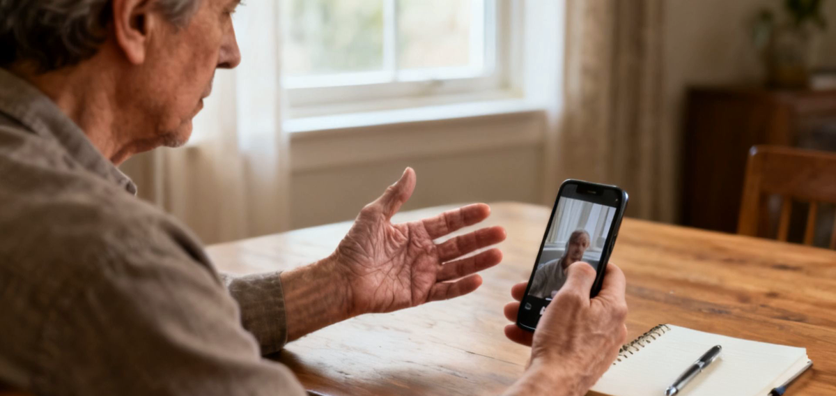 An older man using a smartphone to record his hand at a kitchen table, with a notebook nearby, tracking his tremor symptoms.