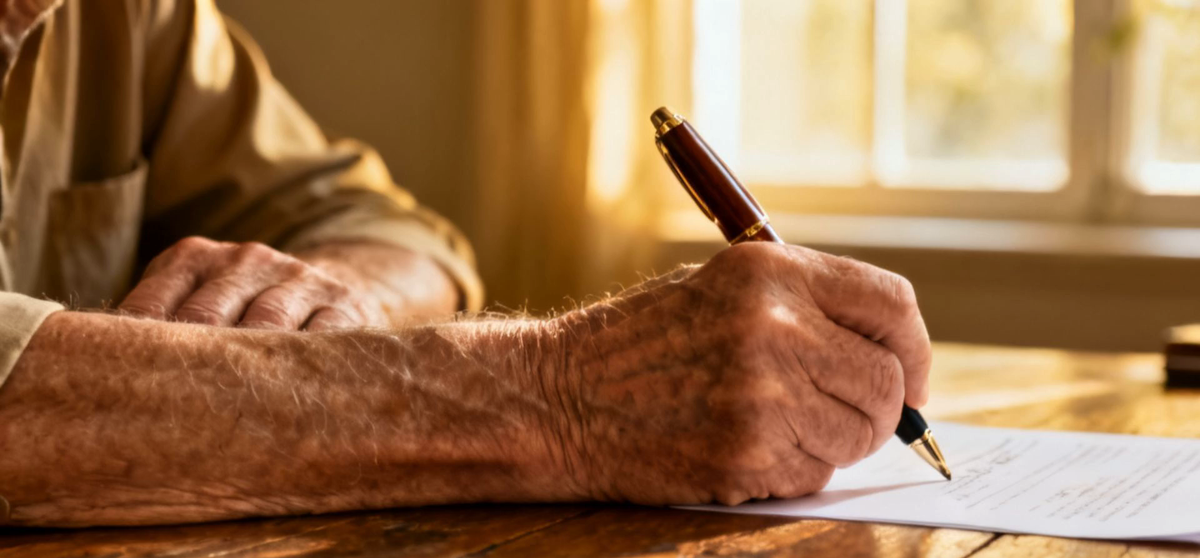 An older man writing steadily with a pen on paper at a sunlit wooden table.