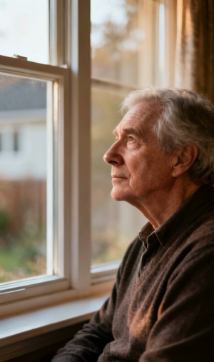 An older man sits by a window in warm light, looking out thoughtfully, reflecting the non-motor and psychosocial weight of essential tremor.