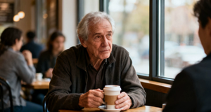 An older adult sitting at a cafe table holding a coffee cup with both hands, looking thoughtful, other patrons in the background