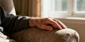 An elderly person's hand resting still on the arm of a soft armchair — the resting position where a Parkinson's tremor is most visible.