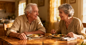 An elderly couple sharing a relaxed meal at home, one resting a forearm on the table for steadiness — eating with dignity and Parkinson's.