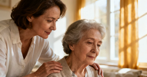 An adult daughter gently resting a hand on her elderly parent's shoulder at home — the quiet weight of caregiving for someone with Parkinson's.