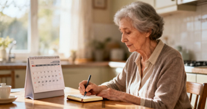 An elderly woman writing notes beside a calendar at her kitchen table, tracking her symptoms while waiting to see a neurologist.