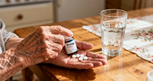 An elderly person's hands holding levodopa tablets and a medication bottle at a kitchen table with a glass of water — the mainstay drug whose effect on Parkinson's tremor is variable.