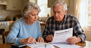 An elderly couple at their kitchen table reviewing Medicare and insurance paperwork with a calculator, working out what tremor treatment will cost.