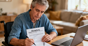 A man filling out a Social Security disability benefits application form at home, a laptop beside him — applying for SSDI with essential tremor.