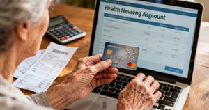 An elderly woman holding a health-benefits card at a laptop showing a health savings account, with receipts and a calculator — paying for tremor treatment with an FSA or HSA.