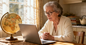 An elderly woman at a laptop with a world globe beside her, researching how tremor treatment and coverage work in different countries outside the US.
