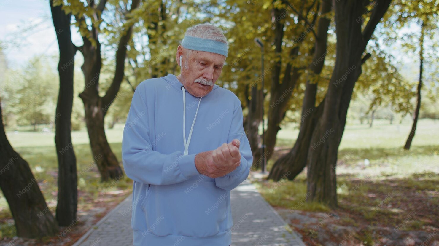 Man pausing on a walk, part of his daily routine for Parkinson's Disease, looking at his hands.