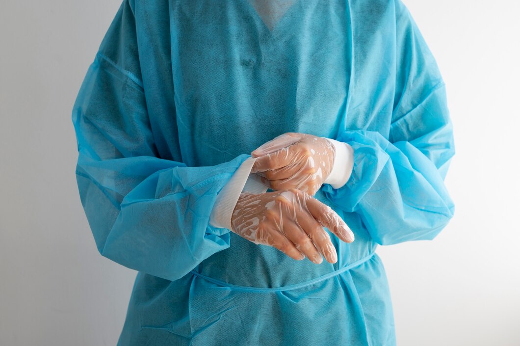 Doctor adjusting gloves after surgery.