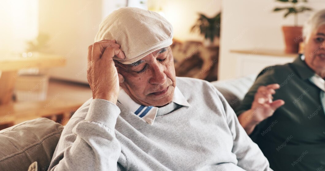 Man sitting on a couch touching his head, showing apathy vs depression in Parkinson's Disease.
