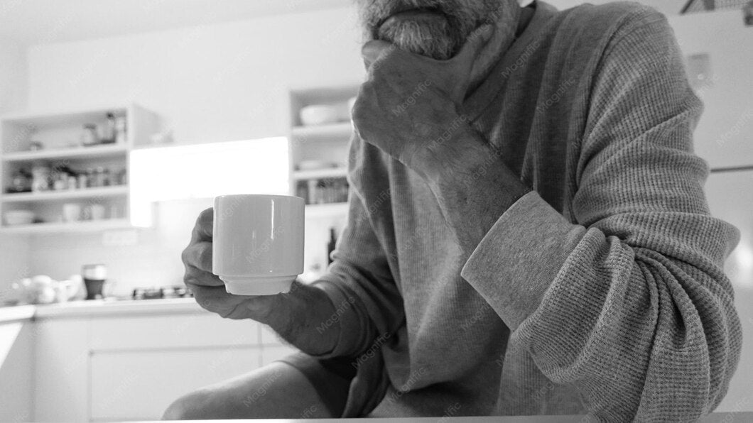 Man in a kitchen drinking from a mug with both hands, appearing focused on hiding Essential Tremor symptoms. 
