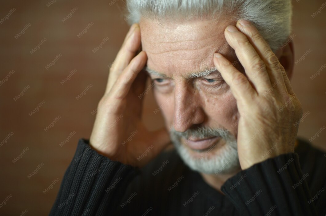 Man holding his head with both hands, a distressed expression reflecting Parkinson's Disease psychosis.