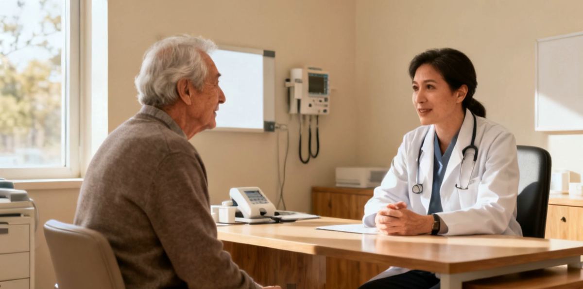 An older patient sitting across from a doctor in a bright consultation room, talking through treatment options.