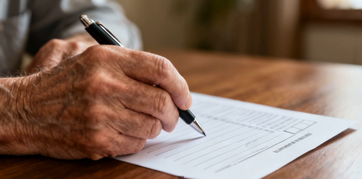 A close-up of an older adult's hand holding a pen and hovering over an unsigned form on a wooden table.