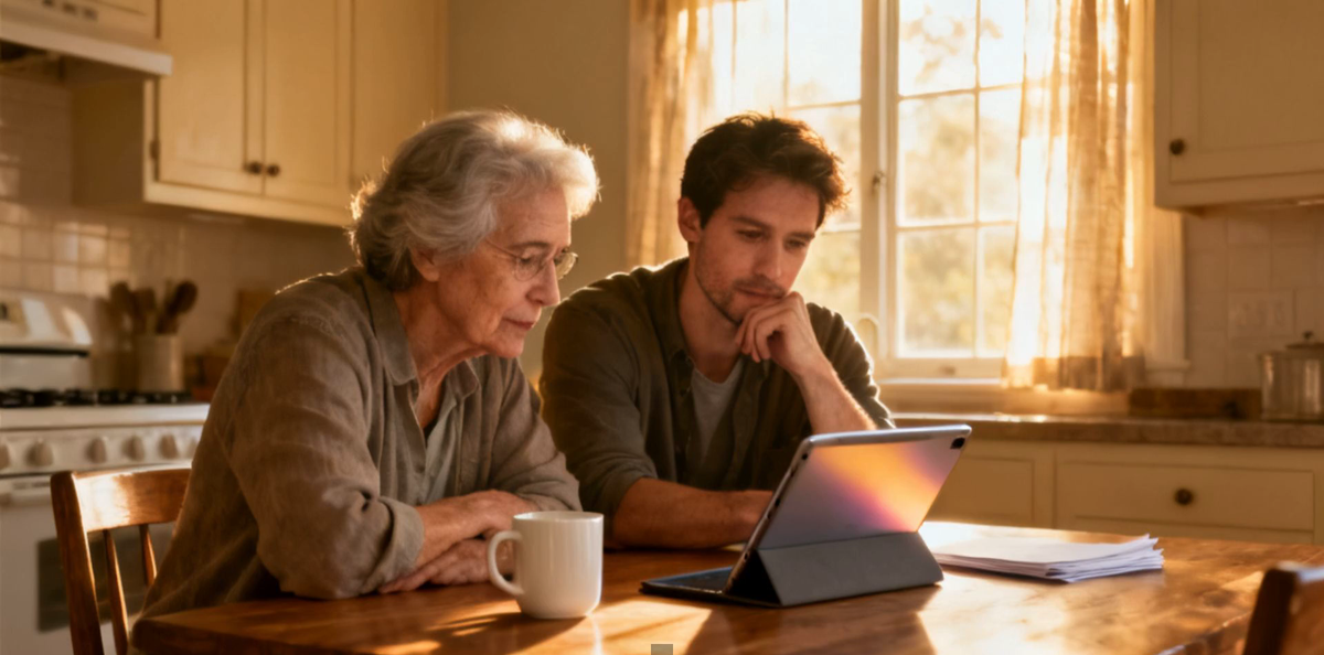 An older adult and their adult son looking at a tablet together at a sunlit kitchen table, discussing options.
