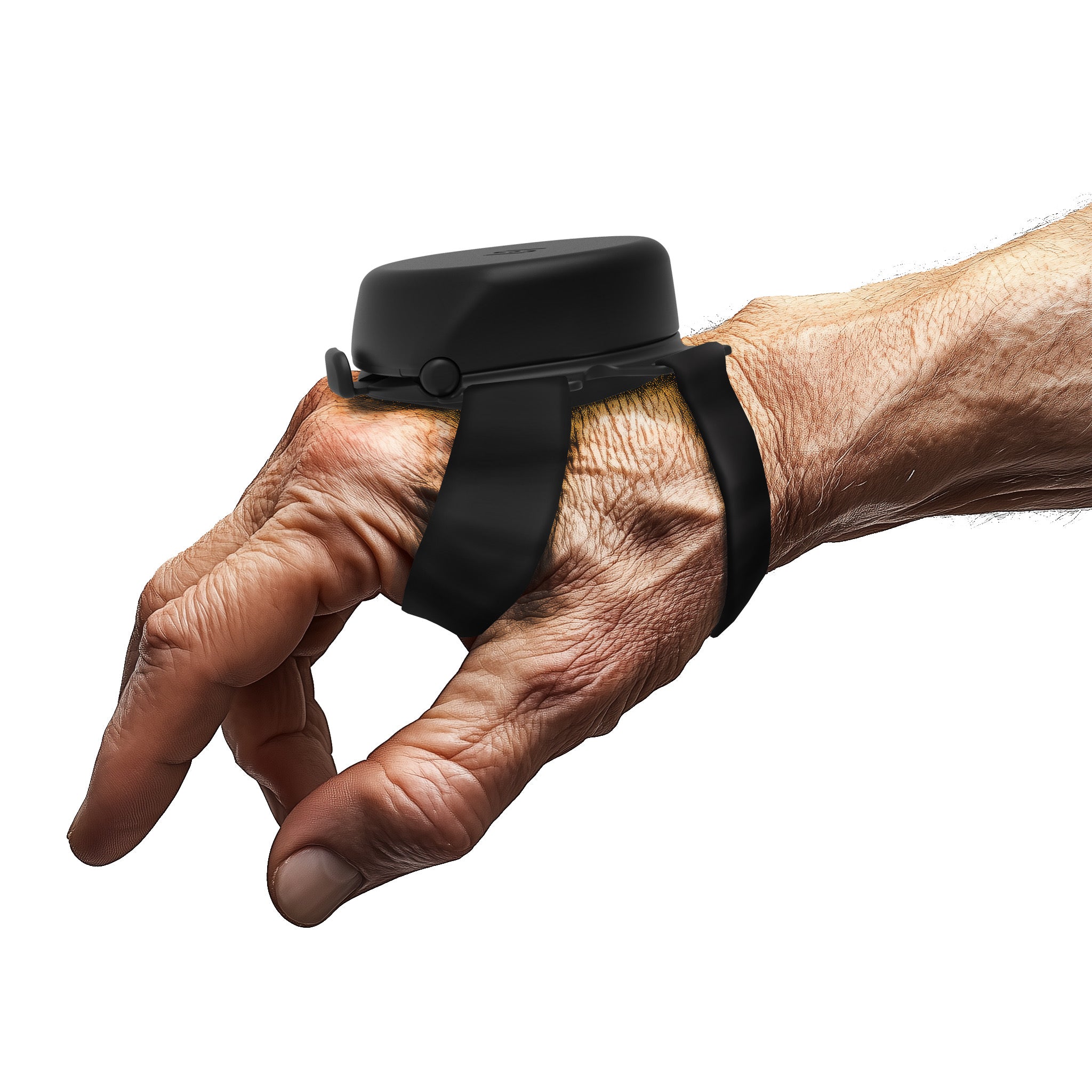 Close-up of an elderly hand wearing a Steadi-3 device to help steady hand movements.